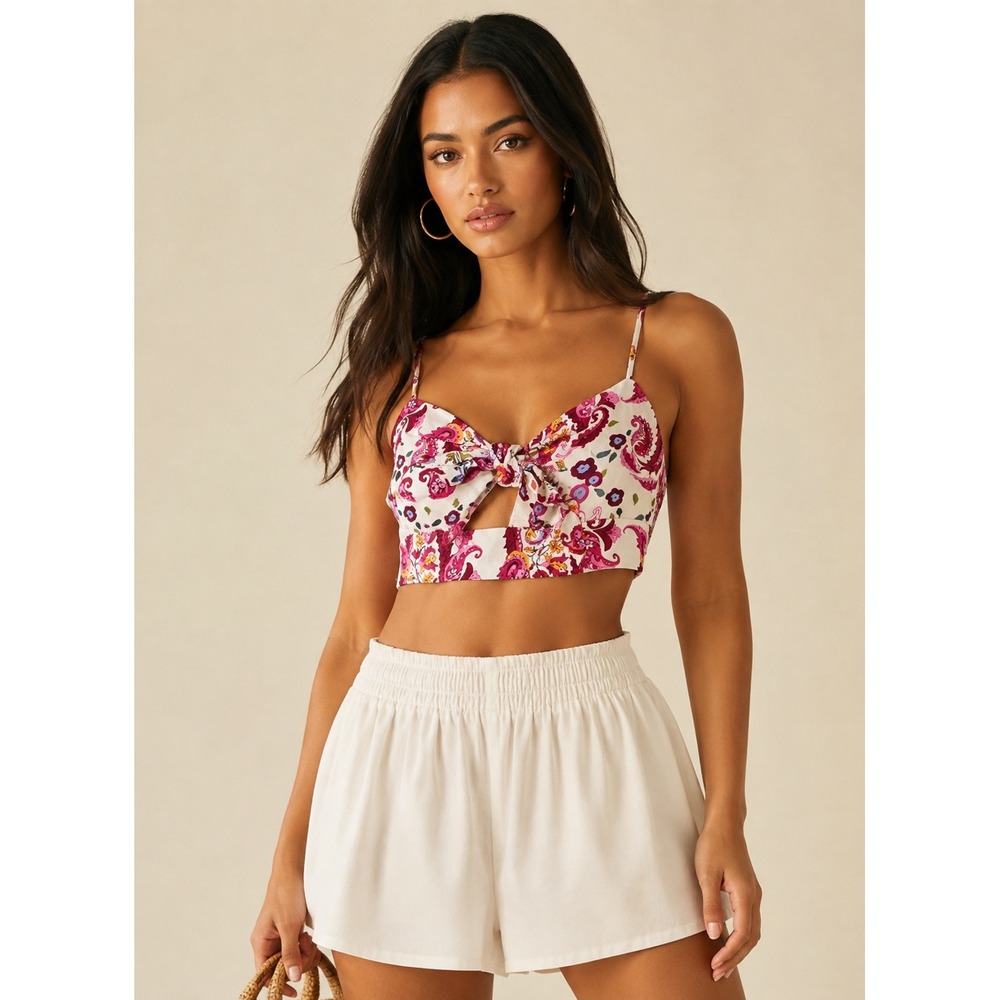 Caroline Constas Floral Linen Blend Tie Front Crop Top S